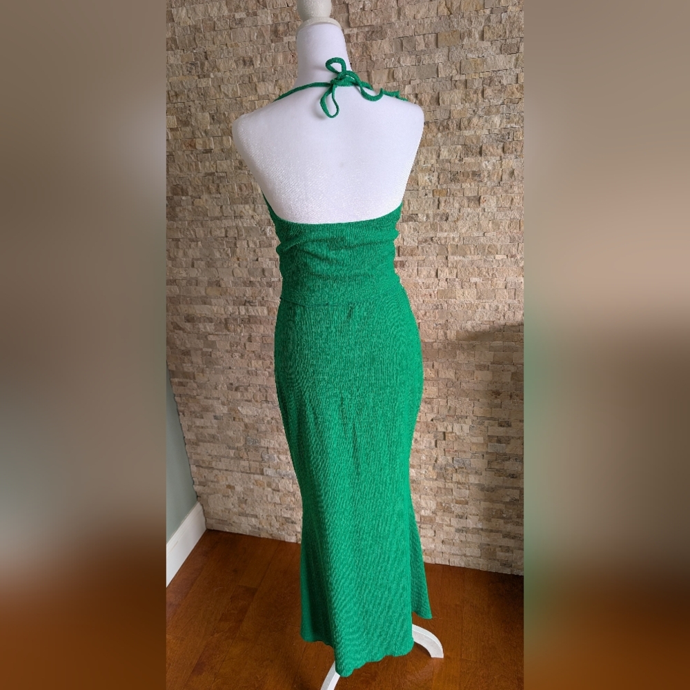 Resortwear Summer Vacation Coord Set Midi Skirt Halter Top Smocked Crop Green M - Picture 2 of 13